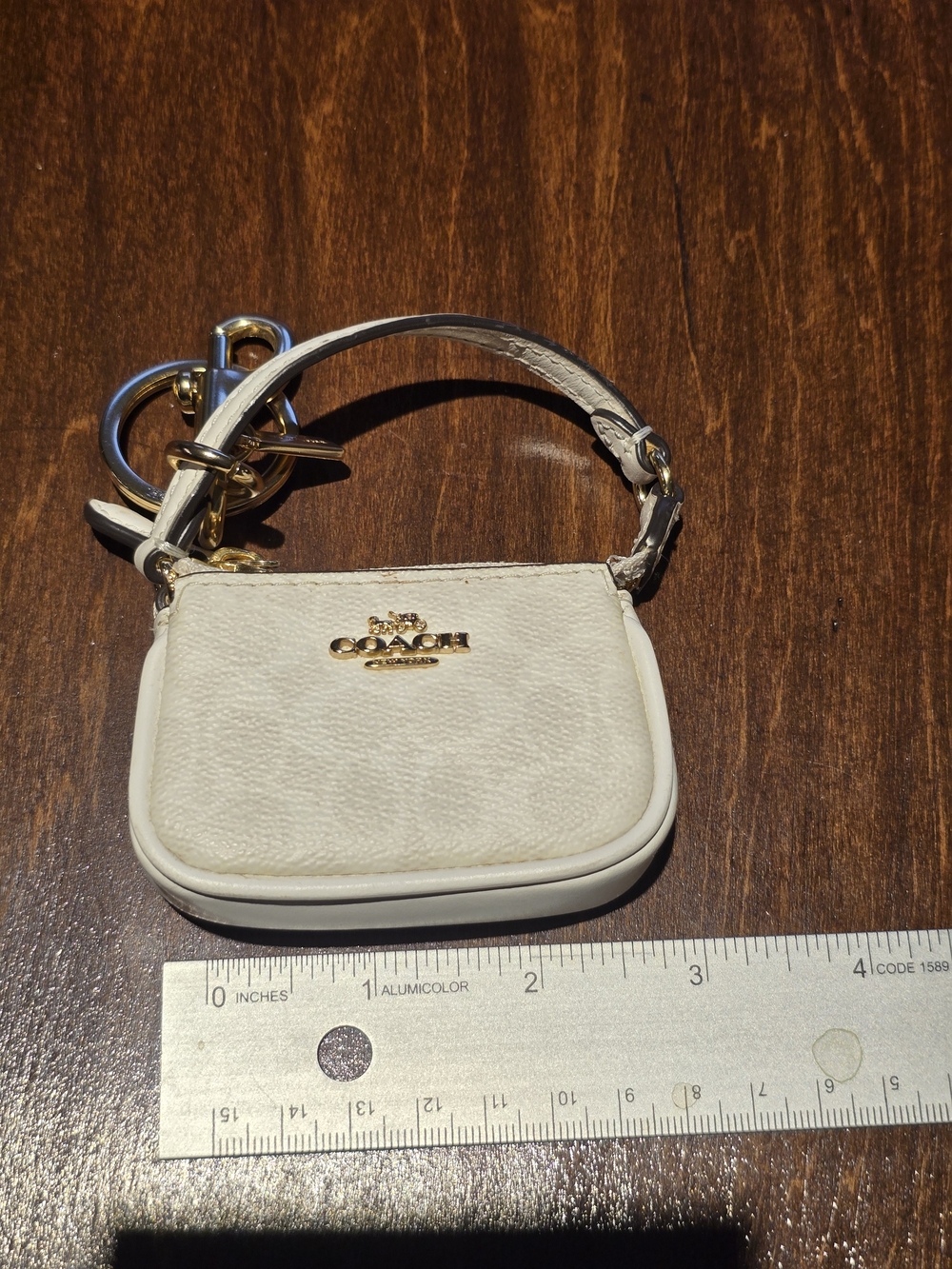 Coach Mini Leather Wristlet Keyring in Off-White with Gold Hardware